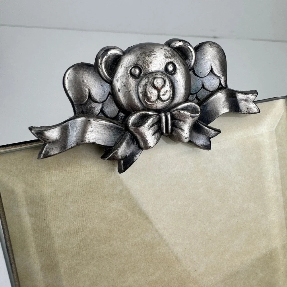 Vtg Tabletop Teddy Bear Angel Ribbon Filigree Photo‎ Pic Frame Pewter Metal READ